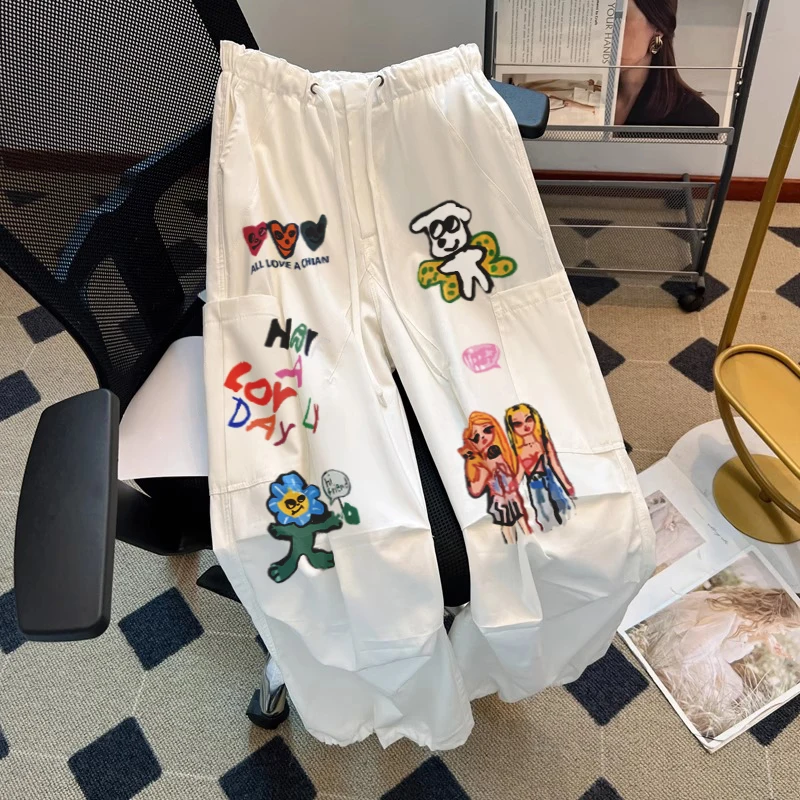 

Ретро-брюки унисекс с принтом в стиле High Street, спортивные рабочие брюки с завязками, свободные прямые брюки для мужчин и женщин, летний дизайн, повседневные.