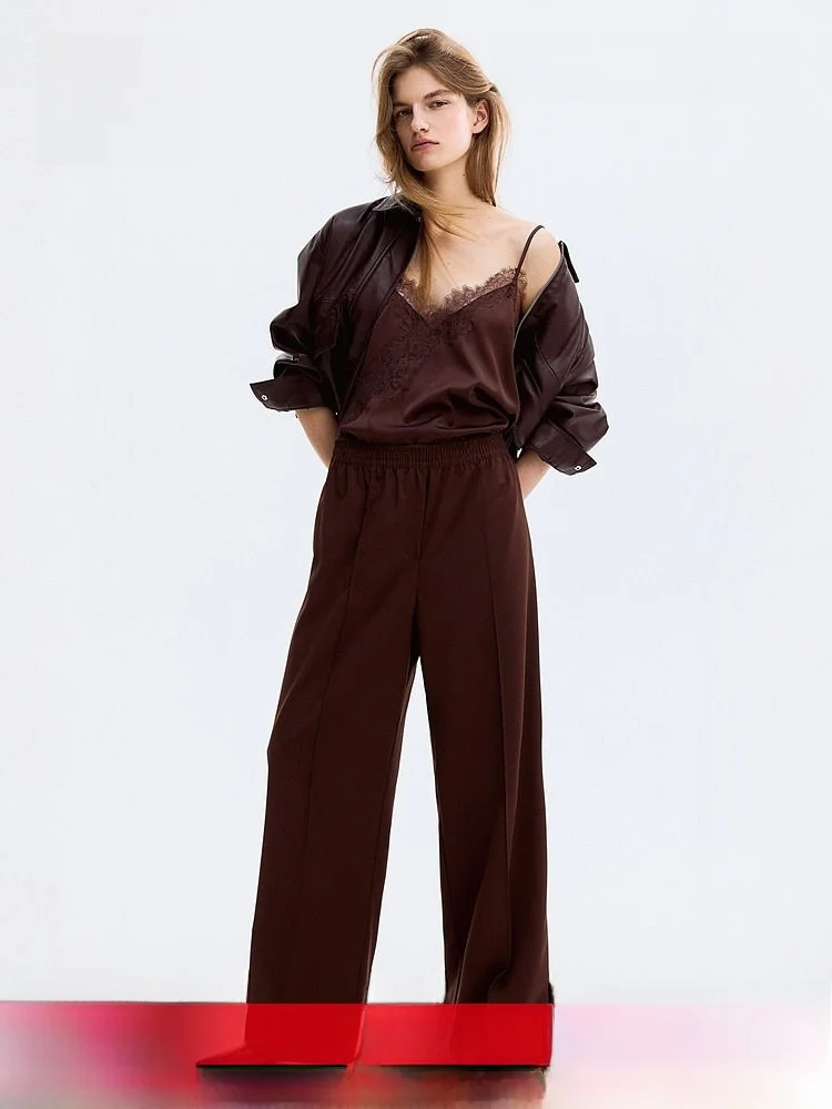 

H&M Summer New Women's Wide Leg Pants High Waist Casual Style Polyester Viscose Spandex Blend Thermal Line Ironed Long Trousers