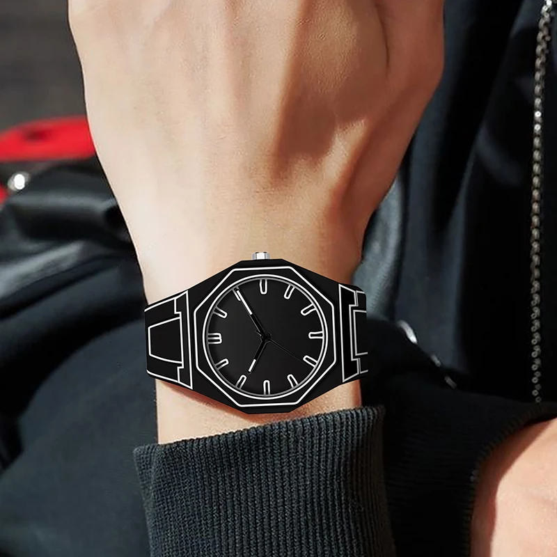 A men's black tape luminous design anime cartoon line style Japanese personality trend cool quartz wristwatch