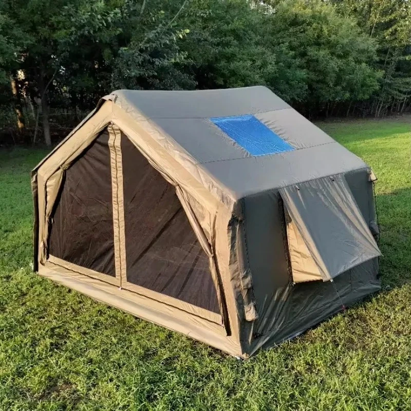 #￥8.0 Green Double Layer Four-Season Air Tube Camping Cabin Inflatable Tent with Chimney for 3-4 People