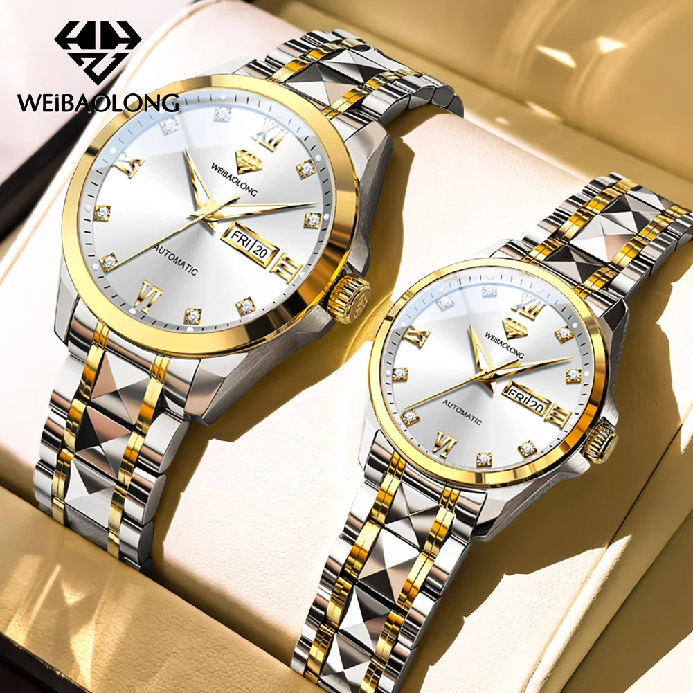 WEIBAOLONG 3803 ساعات الماس الحقيقية للأزواج مقاوم للماء مضيئة التلقائي الميكانيكية زوجين ساعة اليد الفاخرة #1