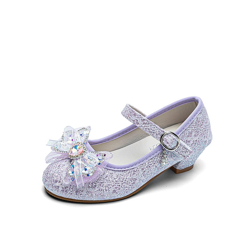 Girls Mary Jane Princess Low‑Heel Dress Shoes, Glitter Mesh Bow Square Rhinestone Decor Adjustable Strap Non‑Slip Kids Party