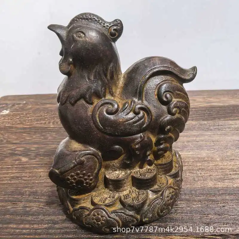Brass craft with aged patina, lotus and zodiac rooster home decoration ornament