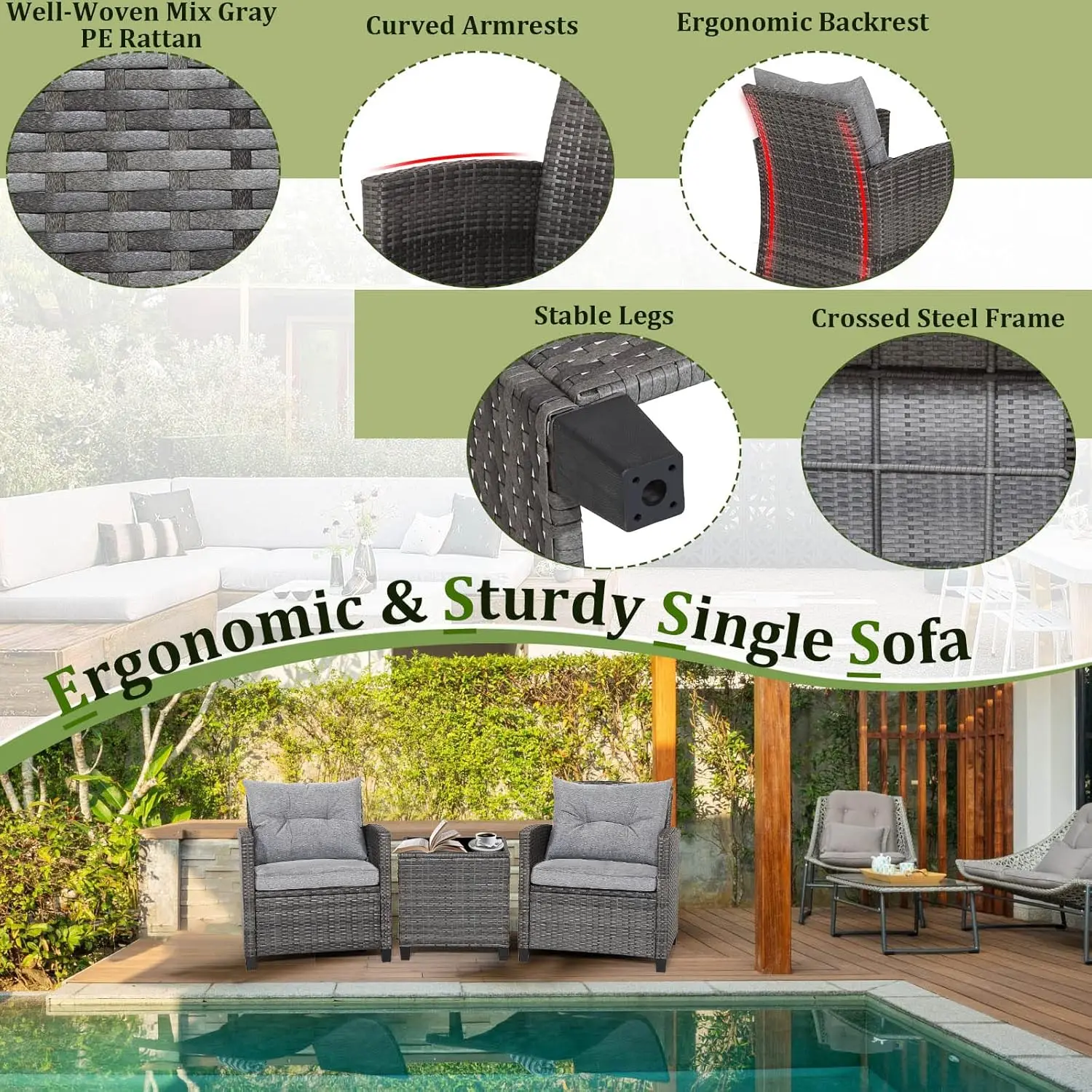 Wicker Patio Furniture Sets,3 PCs Rattan Sofa Set, Outdoor Conversation Set with Tempered Glass Tabletop, Steel Frame, Grey