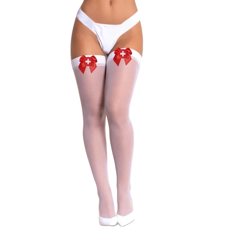 Women Nurse Stockings Sexy Costumes Cosplay Female Transparent Hosiery Black White Red Summer Thigh High Stocking new medias