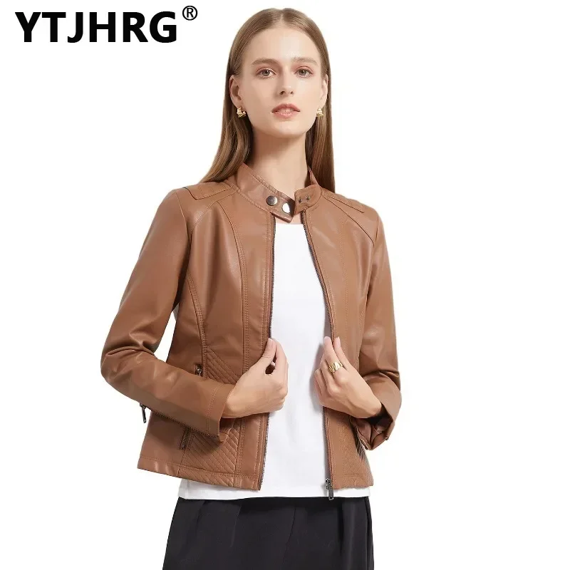 YTJHRG Women\'s Jackets Motor Biker Coat Fashion Female Clothing Long Sleeve Spring Autumn Winter Stand Collar PU Leather Outwear