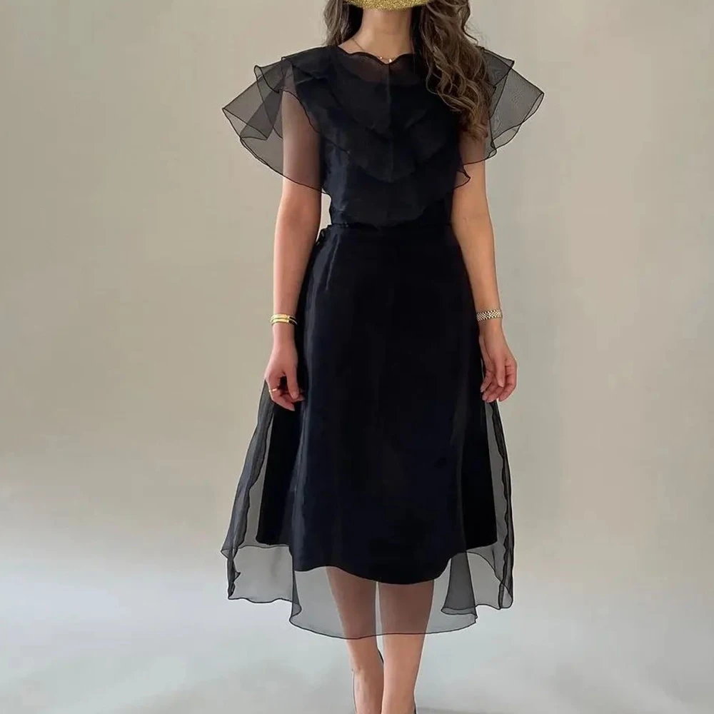 

Classic Organza Short Sleeves Crew neck Evening Dress Saudi Arabia Formal Pleats Tea Length A-Line Black Special Occasion Gowns