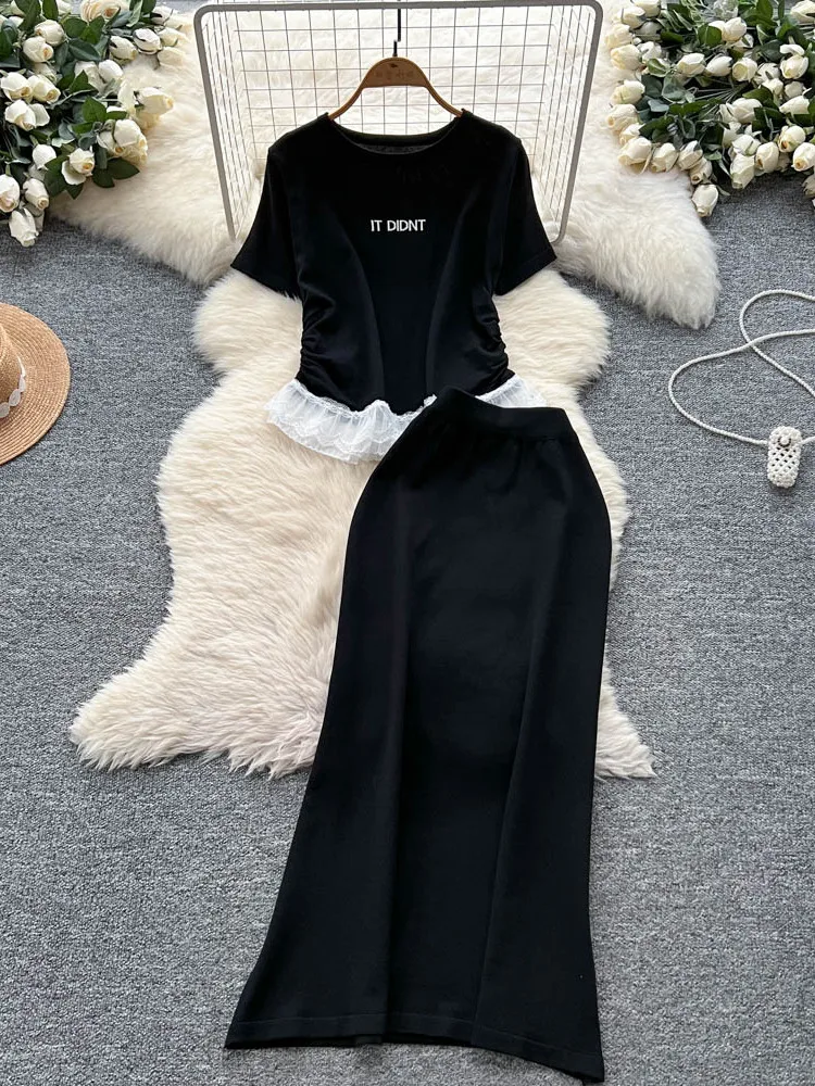 

Korean Sle Sweet Lace Trim Splice ort Sve T-irt Top High Waist ter f Body Skirt Two Piece Set Women's Faion