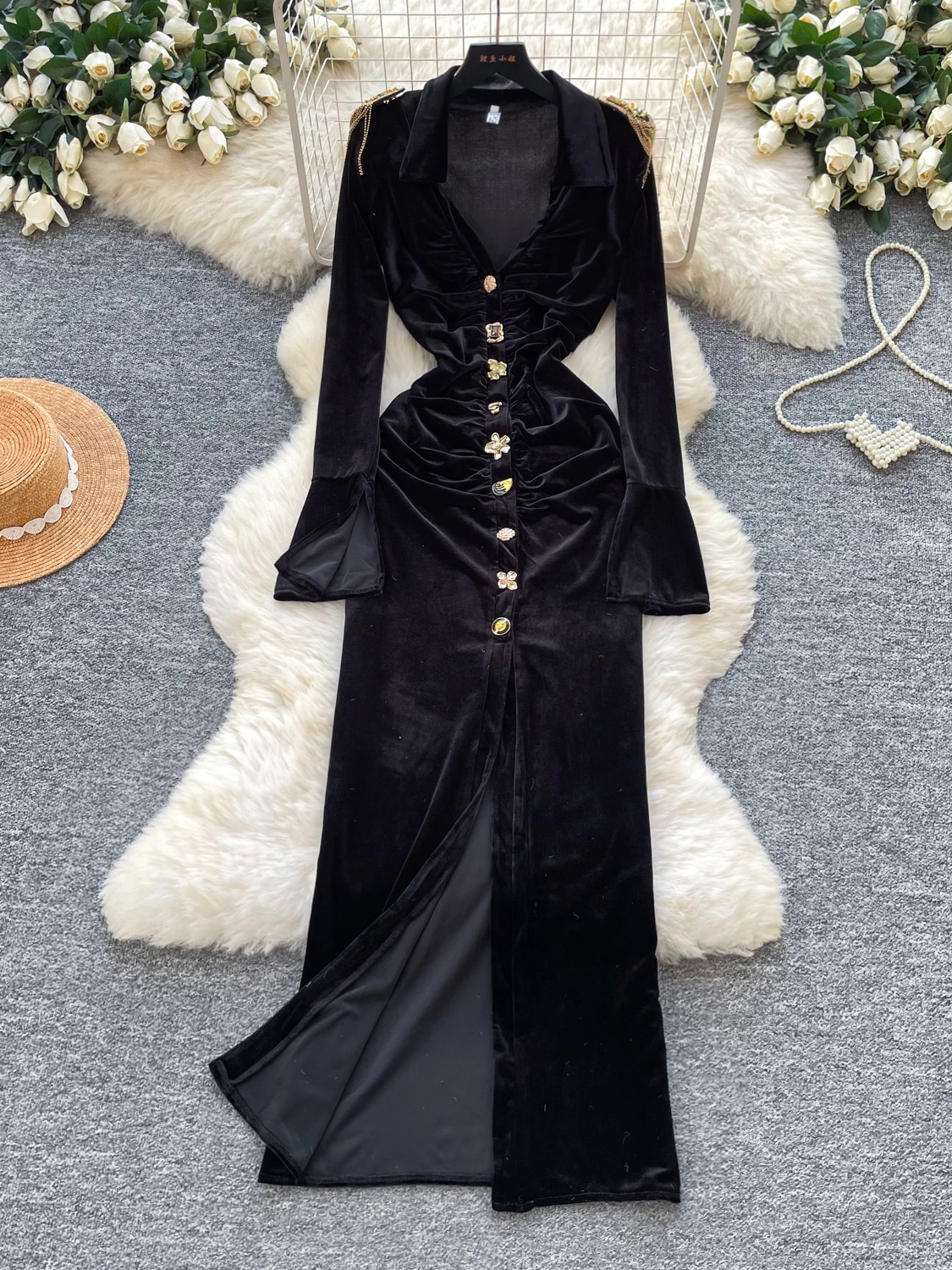 Velvet Long Sleeve Women's Dress Slimming Waist Tummy Control Bodycon Elegant City Commute A-Line Skirt Single Button Closure