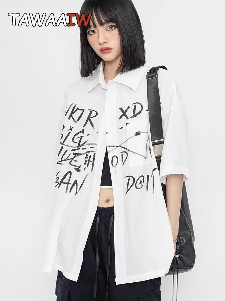 Tawaaiw White Print Letter Shirt Women Clothes Long Sleeve Korean Fashion 2023 Summer Turn-down Collar Streetwear Ladies Tops