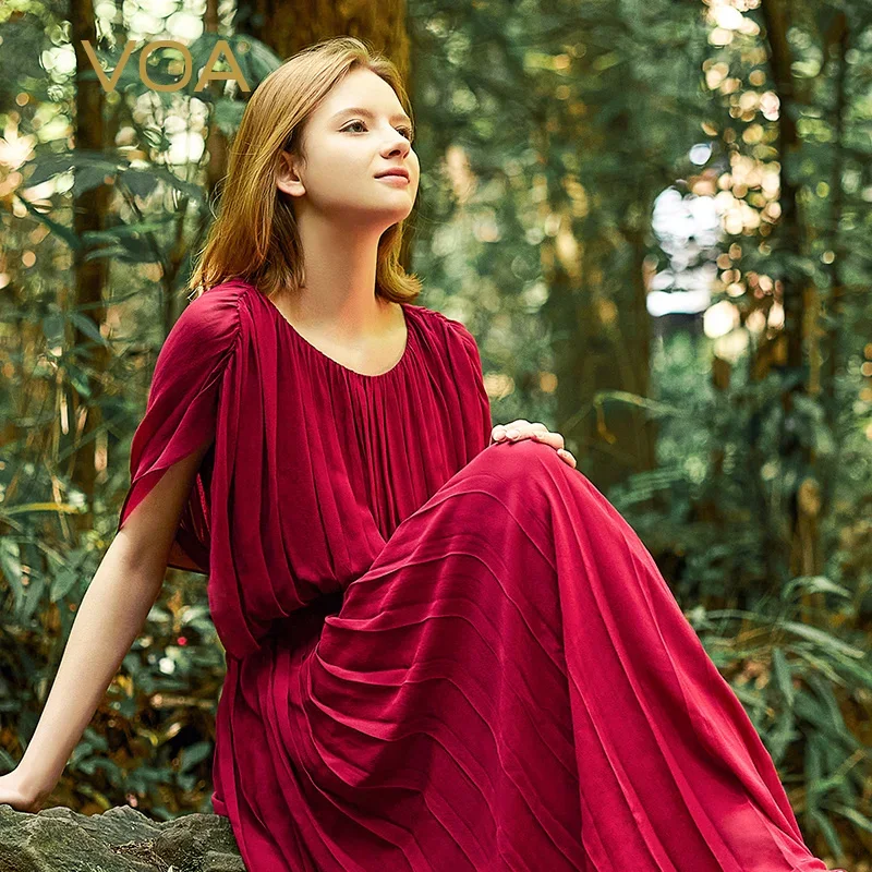 VOA Real Silk Georgette Red Double Layer O-neck Bat Sleeve Pressed Ruffle Striped Lightweight Flowing Beach Pleated Dress AE2177