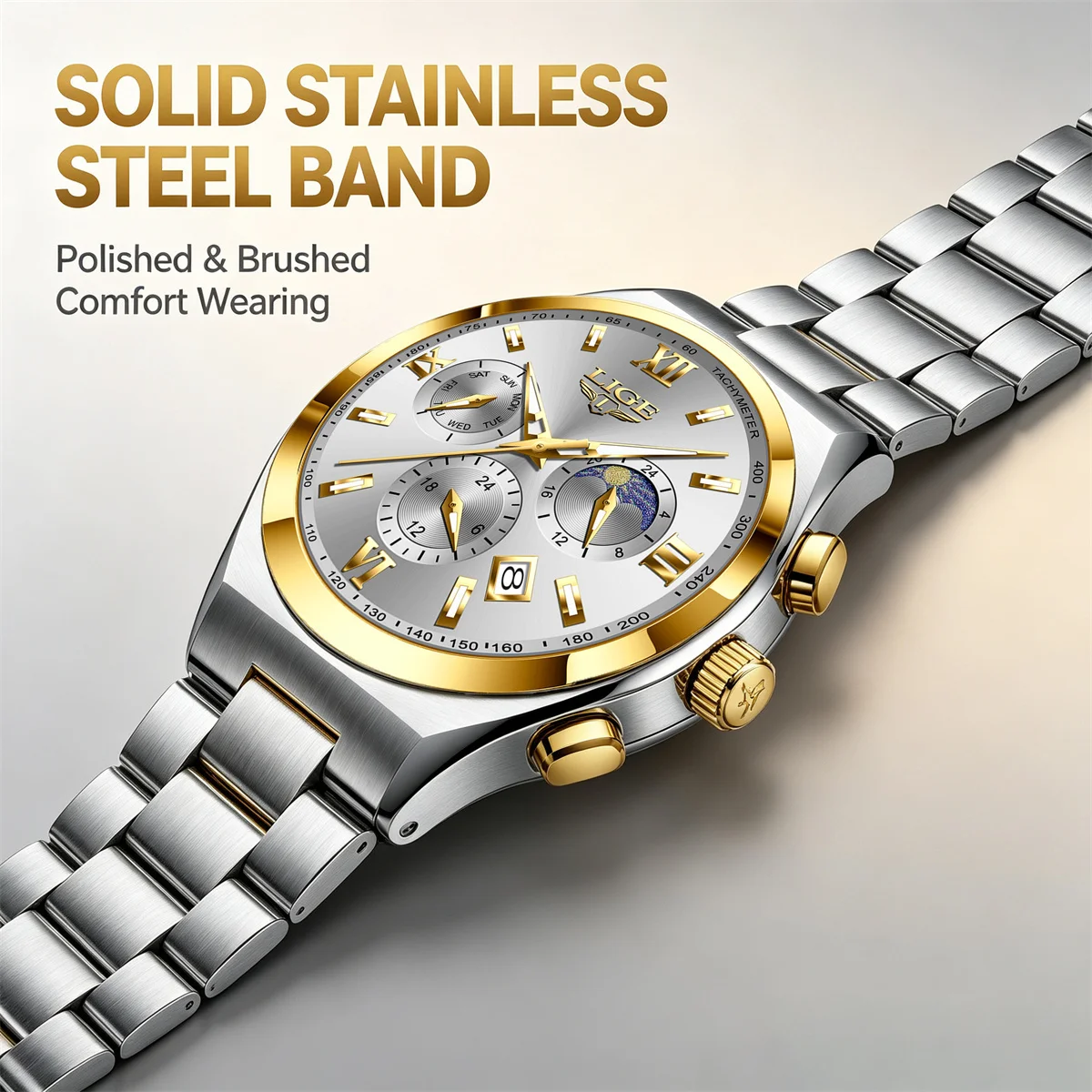 LIGE Luxury Men Watch 30M Waterproof Luminous Fashion Wristwatches Moon Phase Stainless Steel Quartz Watch Sports Wristwatch