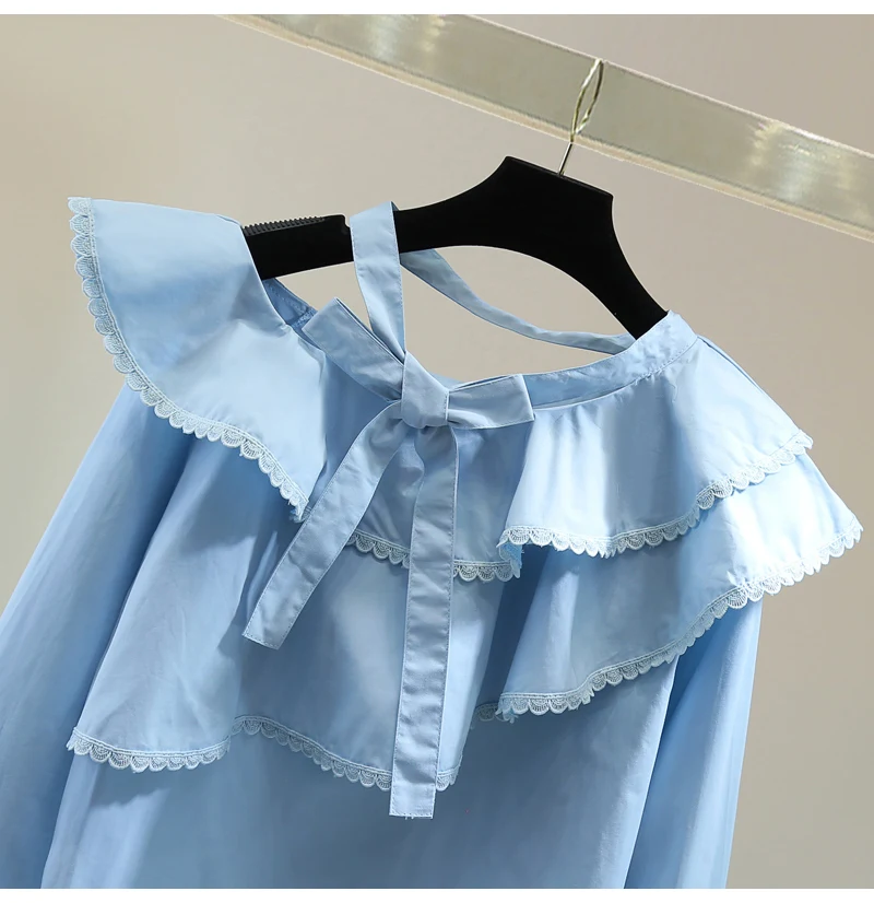 Lace Edge Diagonal Neck Long Sleeve Blue Shirts and Blouses for Women 2025 Spring and Summer Bow Strap Ruffle Edge Top