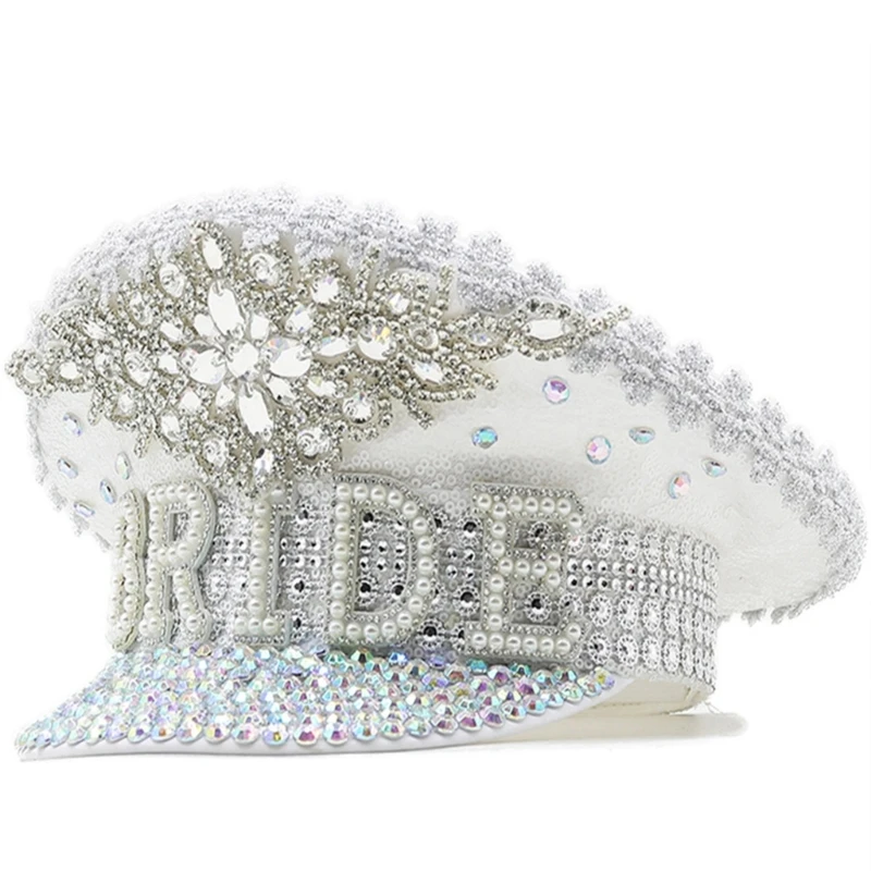 

Y166 Bride Hat with Hand Beading Shining Crystal Pearls Captain Hat for Engagement