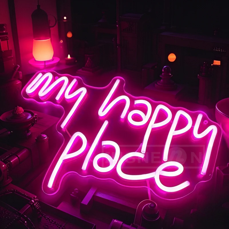 

This Is My Happy Place Neon Sign USB Adjustable Brightness Reusable Party Lighting Wedding Bedroom Wall-Mounted Decor Neon Signs