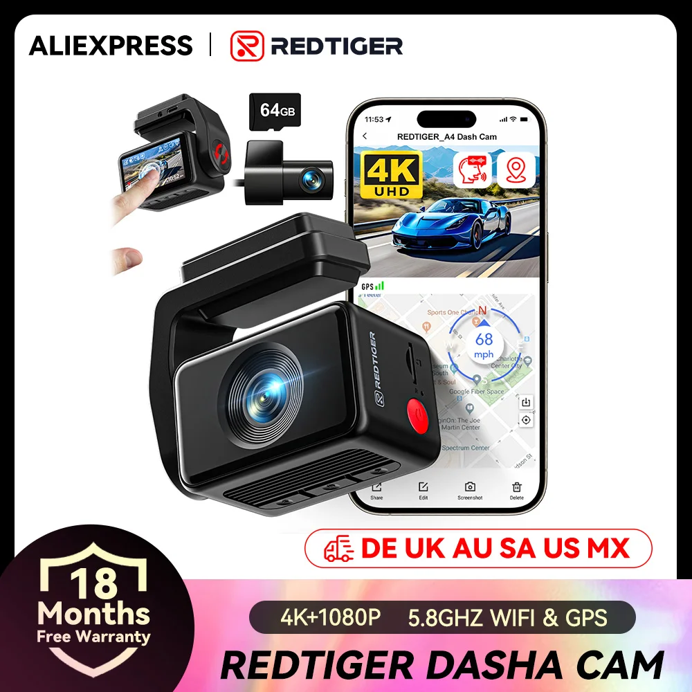 REDTIGER A4 caméra de tableau de bord avant et arrière 4k Dash Cam enregistreur de lecteur pour WiFi GPS voiture Dvr pour Mode de stationnement 24H boîte noire pour voiture