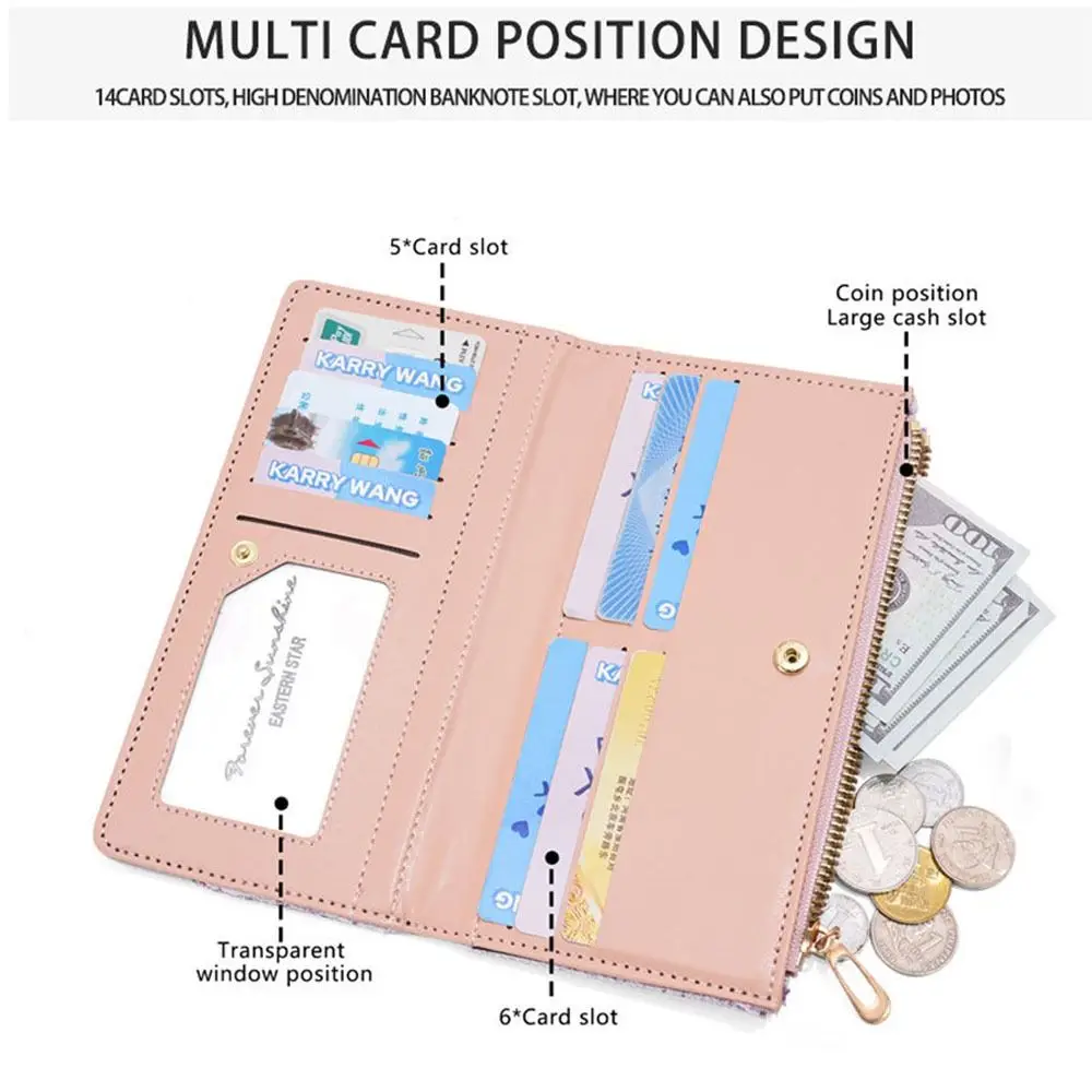 Portable Large Capacity Long Wallet Bi-fold Design Zipper Clutch Coin Purse