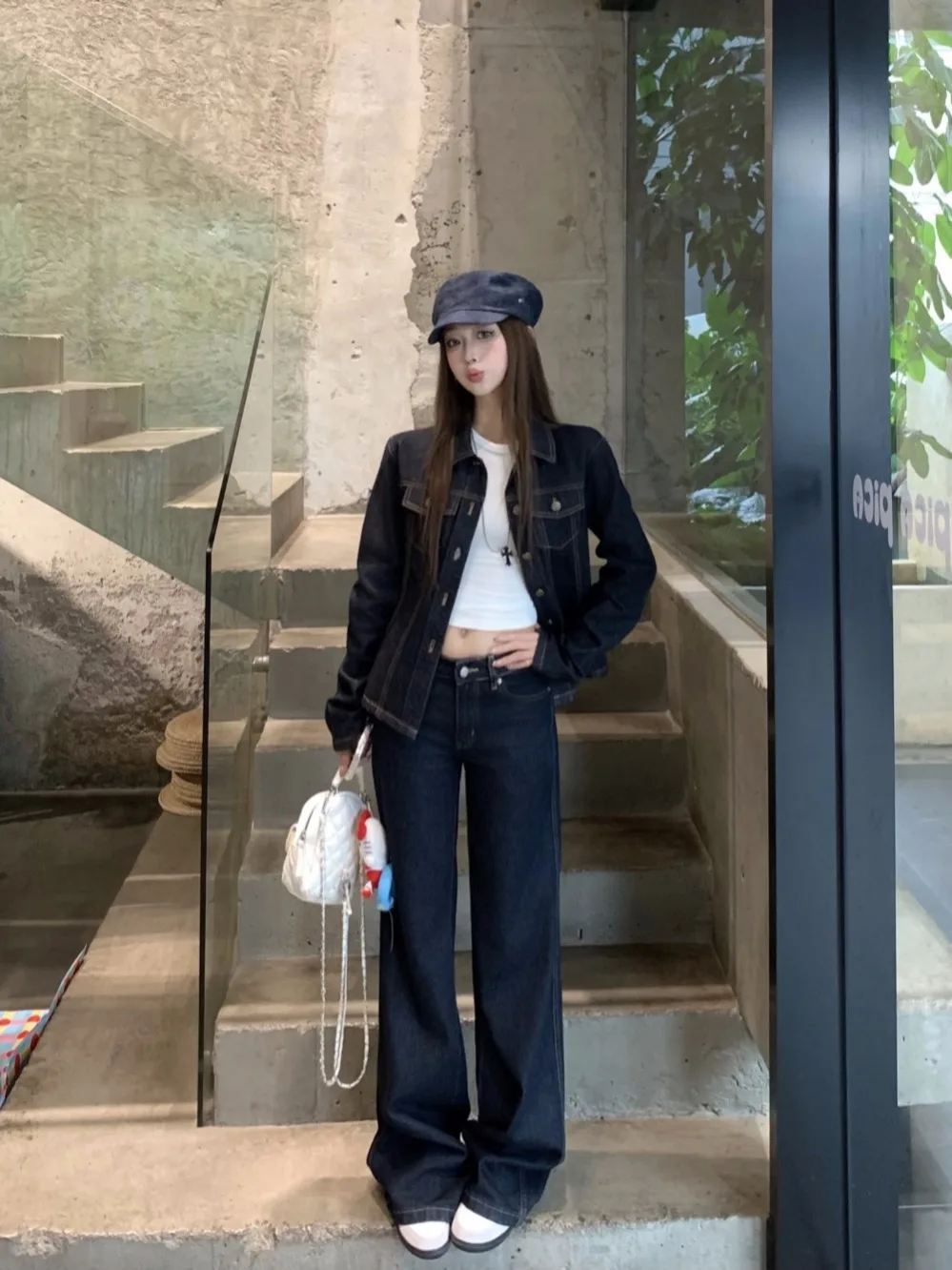 

Ретро-американский джинсовый комплект: рубашка с воротником и прямые брюки для женщин, весенний сезон, модный повседневный костюм из двух предметов