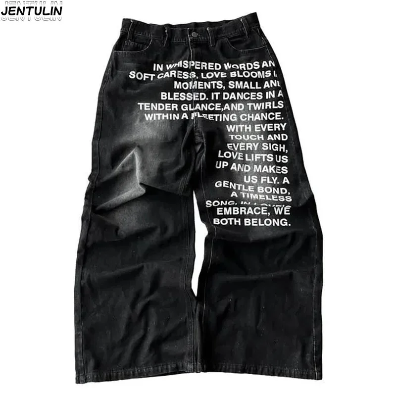 الأمريكية الرجعية منقوشة الأبجدية الرجال الجينز شخصية الشارع الملابس Y2K القوطي ملابس للرجال النساء بانت سراويل تقليدية الموضة #1