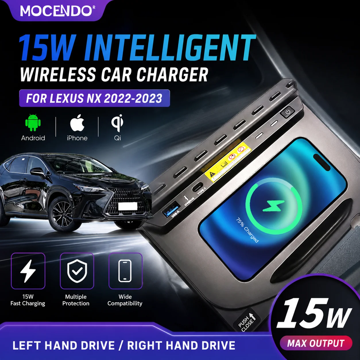 Suporte Universal para Carregador de Telefone de Carro para LEXUS NX 2022-2023, Painel de Carregamento Sem Fio Rápido