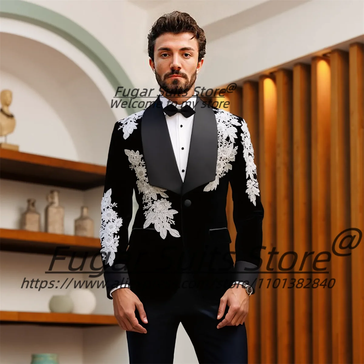 Customized Black Velvet Men Suits Luxuly Appliques Groom Wedding Tuxedos 2 Pieces Sets Male Party Blazers trajes para hombre