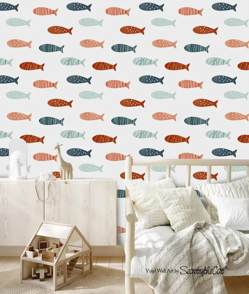 Fish Wallpaper Nursery wall stickers, Fish Wall Mural , Ocean Wall Decals, Kids Room Decor, Whales and fish stickers, whales mur