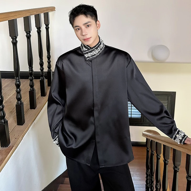 LUZHEN Diamond Stand Collar Satin Long Sleeved Shirt Light Luxury Stylish Elegant Blouses Original Men Personalized Tops LZ4880