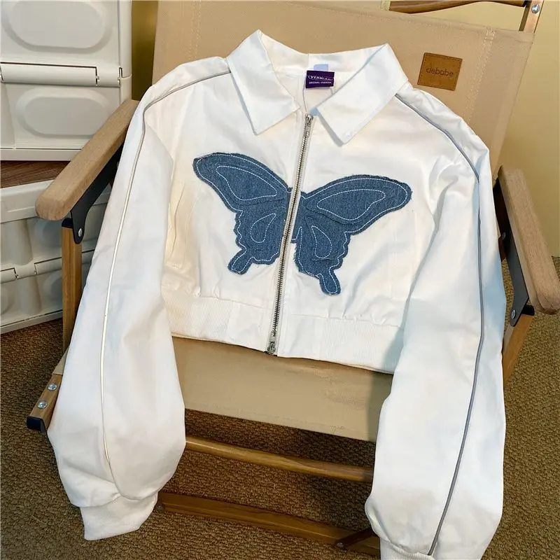 Applique Butterfly Polo Collar Jacket Women's New Loose and Versatile Design Short Top