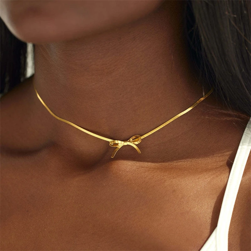 Minimalist Knot Bow Choker Necklace for Women 316L Stainless Steel Tiny Snake Chain Sexy Clavicle Choker Wedding Jewelry Gift