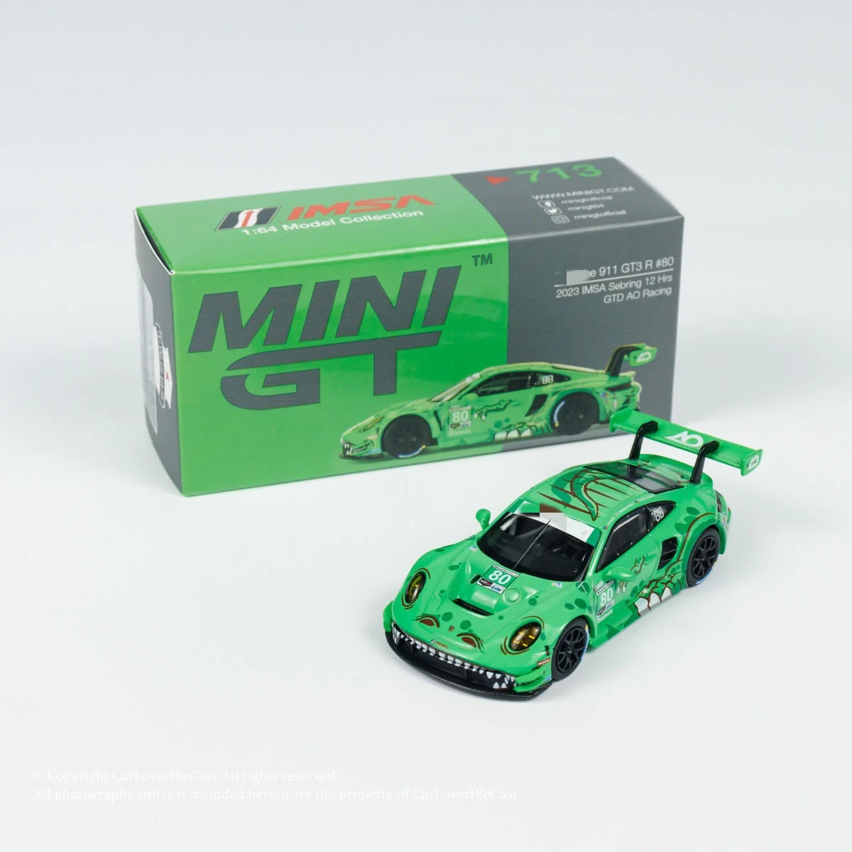 MINI GT 1:64 Porsce 911 GT3R #80 2023 Sebring Green Dinosaur Alloy car model set