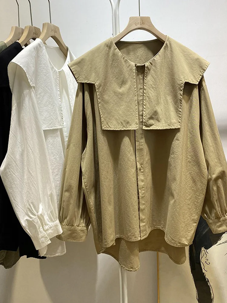 

Faionable Long Sve Lantern Sve Doll irt Women's Brand Tailored Design Sense Top Commute Sle Pure Color Button Detail