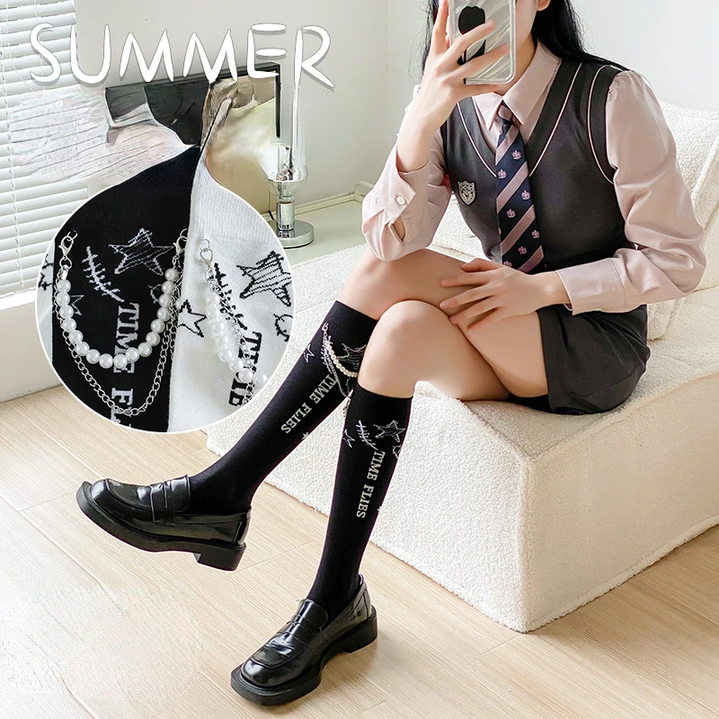 

3Pairs Summer Fashion Jk Half Knee Sock Pendant Thin Legs Slim Ins Trendy Street Shot Breathable Deodorant Long Sock Women Socks