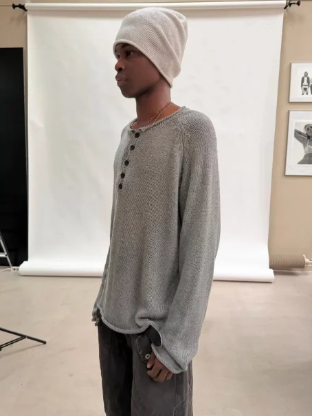 Grey Roll‑Edge Button Crew‑Neck Long‑Sleeve Knit Sweater view 2