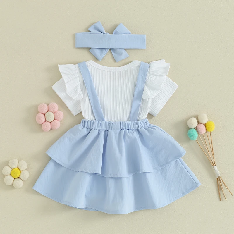 

Toddler Baby Girls 3 Piece Outfit Short Sleeve Ribbed Romper Layered Suspender Dress Headband Set