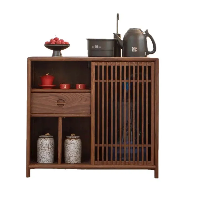 North American Black Walnut Solid Wood Tea Cabinet Side Table with Integrated Boiling Water Pot for Living Room Household Use