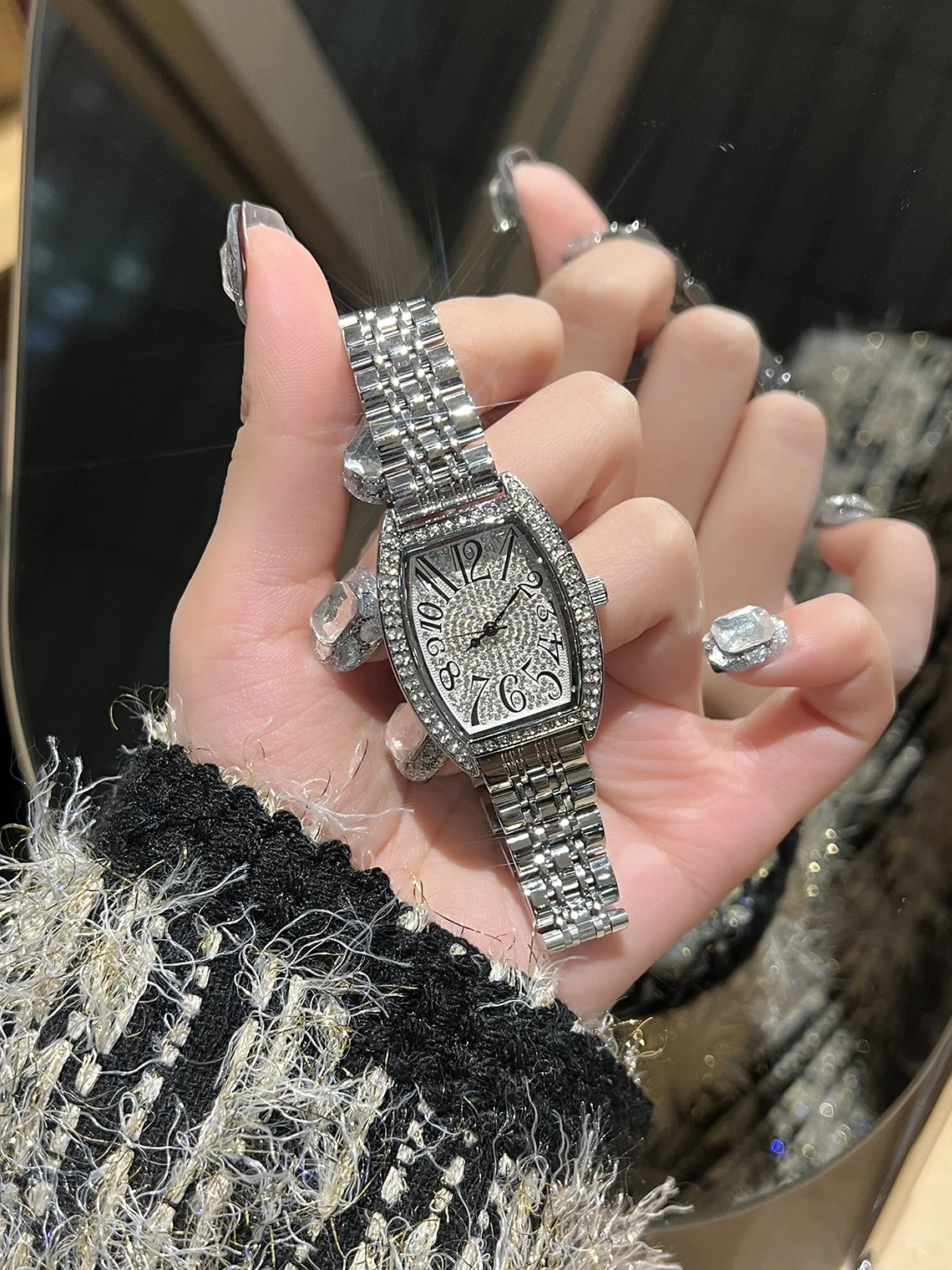 KAIRIS Women's Silver Quartz Watch Tonneau Dial Rhinestone Crystal Bezel Luxury Leather Strap Bracelet Fashion Wristwatch for La