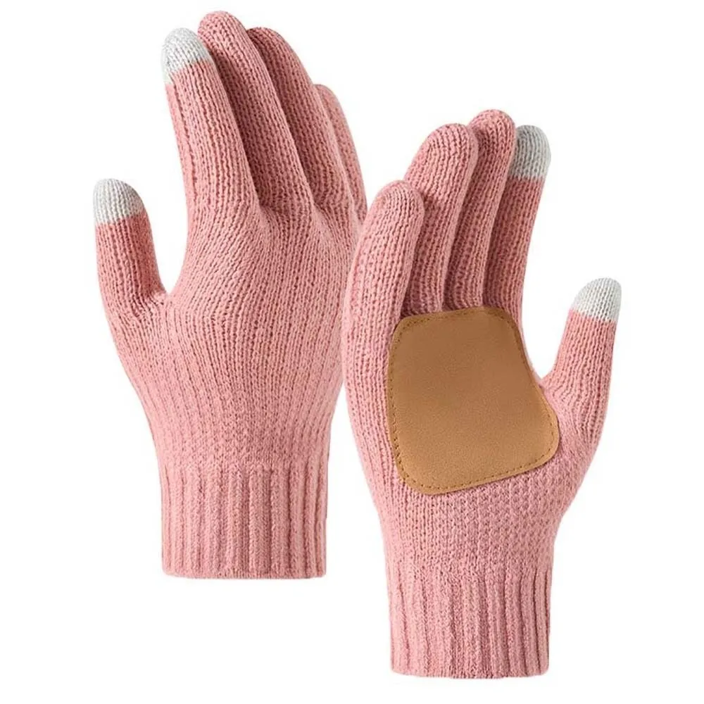 Leather Patch Touchscreen Gloves Knitted Wool Elastic Cuff Winter Knit Mittens Solid Color Thick Lining Woolen Warm Gloves