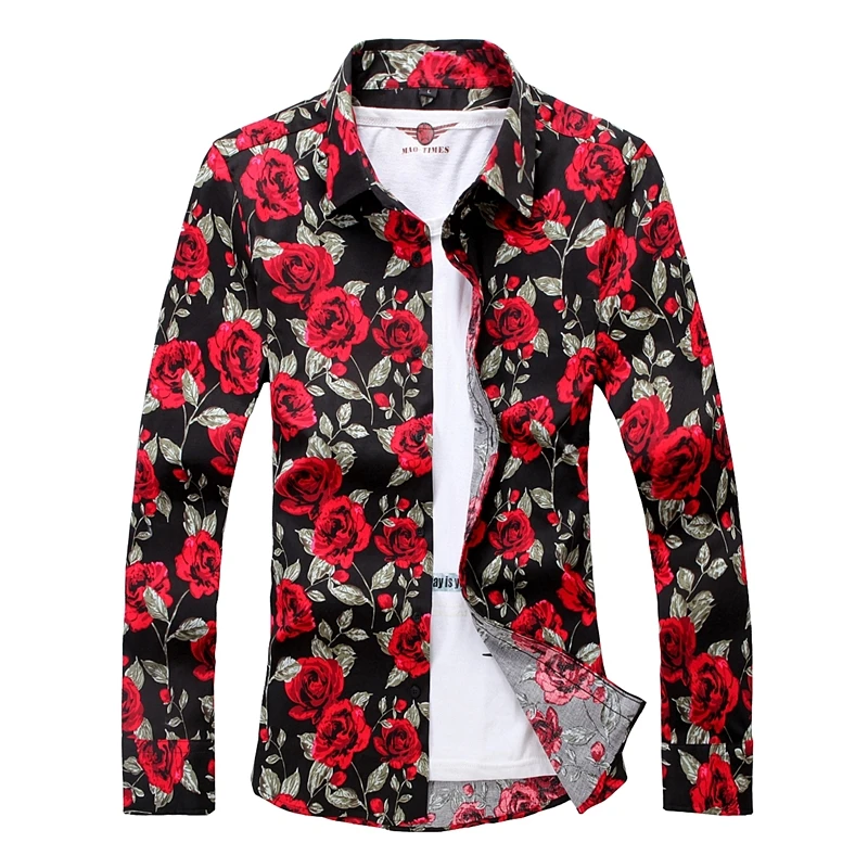 

Men's Black 100% Cotton Shirt with Red Rose Print; White, Long-sleeved, Button-down Collar Shirts; Asian Sizes M–7XL.