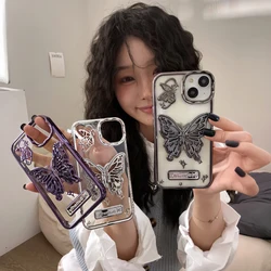 Luxury 3D Plated Butterfly Bracket Stand Phone Case For iPhone 12 13 14 15 16 Pro Max Gradient Silicone Shockproof Back Cover