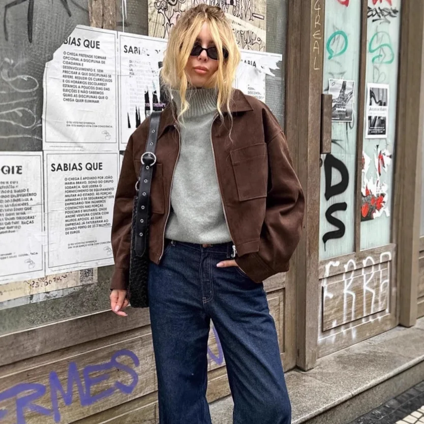

2025 Autumn Winter Suede Blazer Jacket Women's Brown Zip-Up Biker Coat Cropped Tailored Fit European Style Casual Outerwear