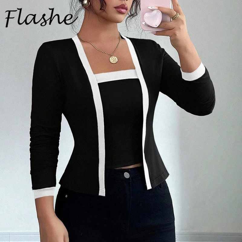 

Fashion Long Sleeve Short Jacket Coat Slim Vest Suit Women Elegant Spring Autumn Tops Two Piece Set Female Office Outfits
