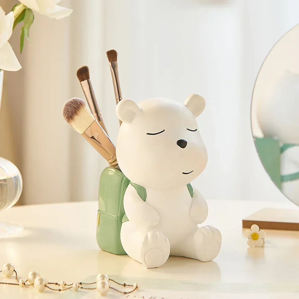 Creative White Bear Figurines for Interior Nordic Home Decor Resin Animal Statue Pen Holder Makeup Brush Organizer Desktop Decor