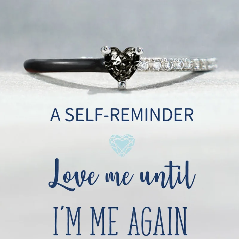 

Ins Fashion 925 Silver Ring Love Me Until I am Me Again Diamond CZ Half Eternity Finger Band Black Enamel Ceramic Heart Jewelry