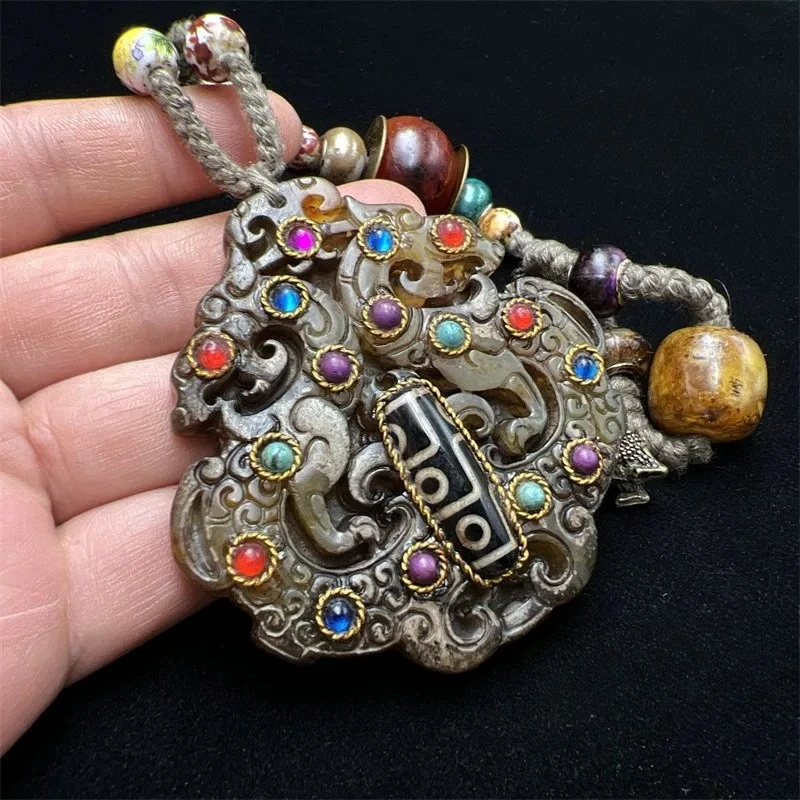 Jewelry accessories Gaogu Xiuyu hollow antique dragon pattern jade wall inlaid with gemstones nine-eye dzi beads