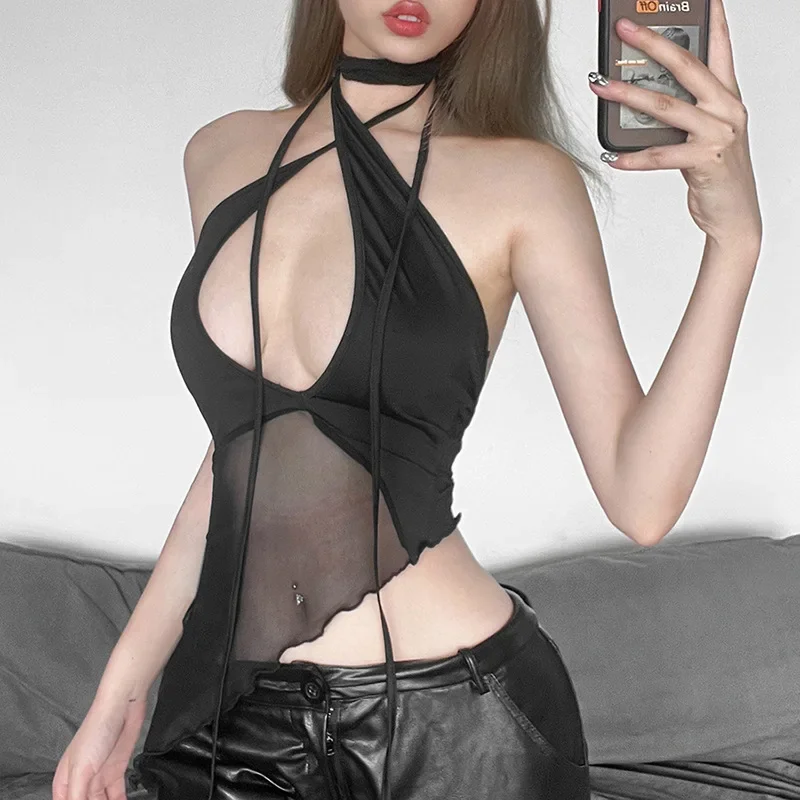 Neck-montiert Schwarz Crop Top Frauen Edgy Kleidung Y2k Zubehör Asymmetrische Korsett Top Spitze-up Ropa De Mujer Mesh camison Verano – Detail 6
