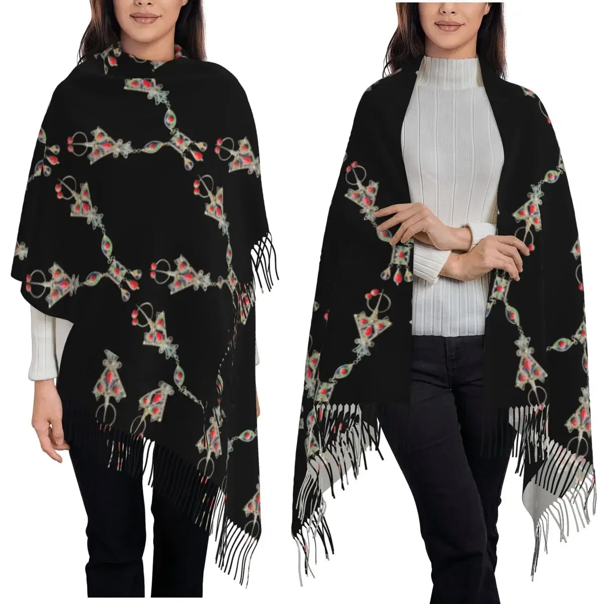 Custom Kabyle Jewelry Amazigh Scarf Tassel Scarves Women Soft Warm Shawls and Wraps Large Fall Winter Shawl Wrap
