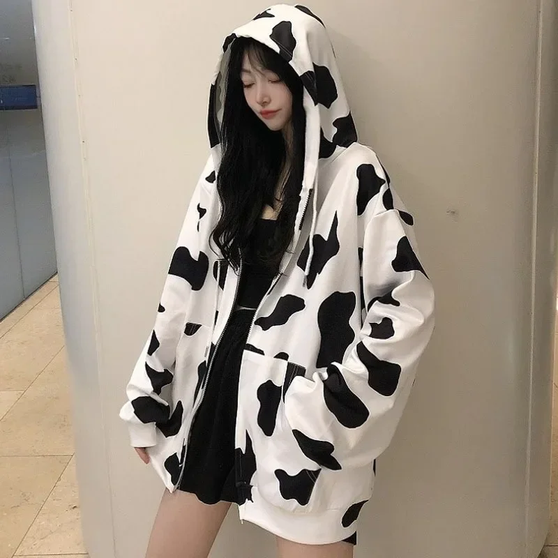 Harajuku Y2k Oversize Zipper Cow Hoodies Milk Korean Fashion Kpop Streetwear Zip Up Hooded Sweatshirt Women Autumn New