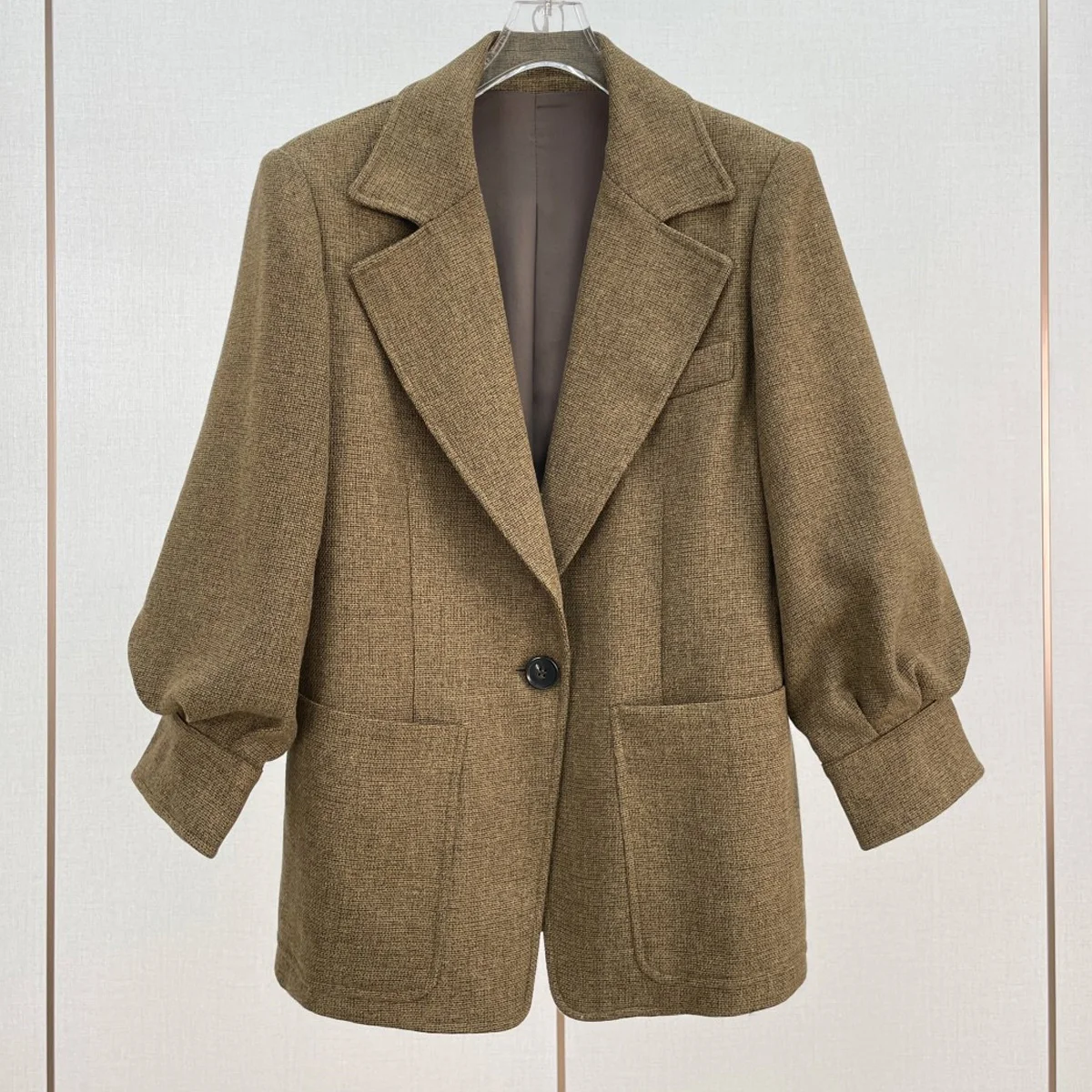 High Quality Women Tweed Blazer, Notched Lapel Puff Sleeve Suit Jacket, Vintage Single Button Outerwear lyt134644