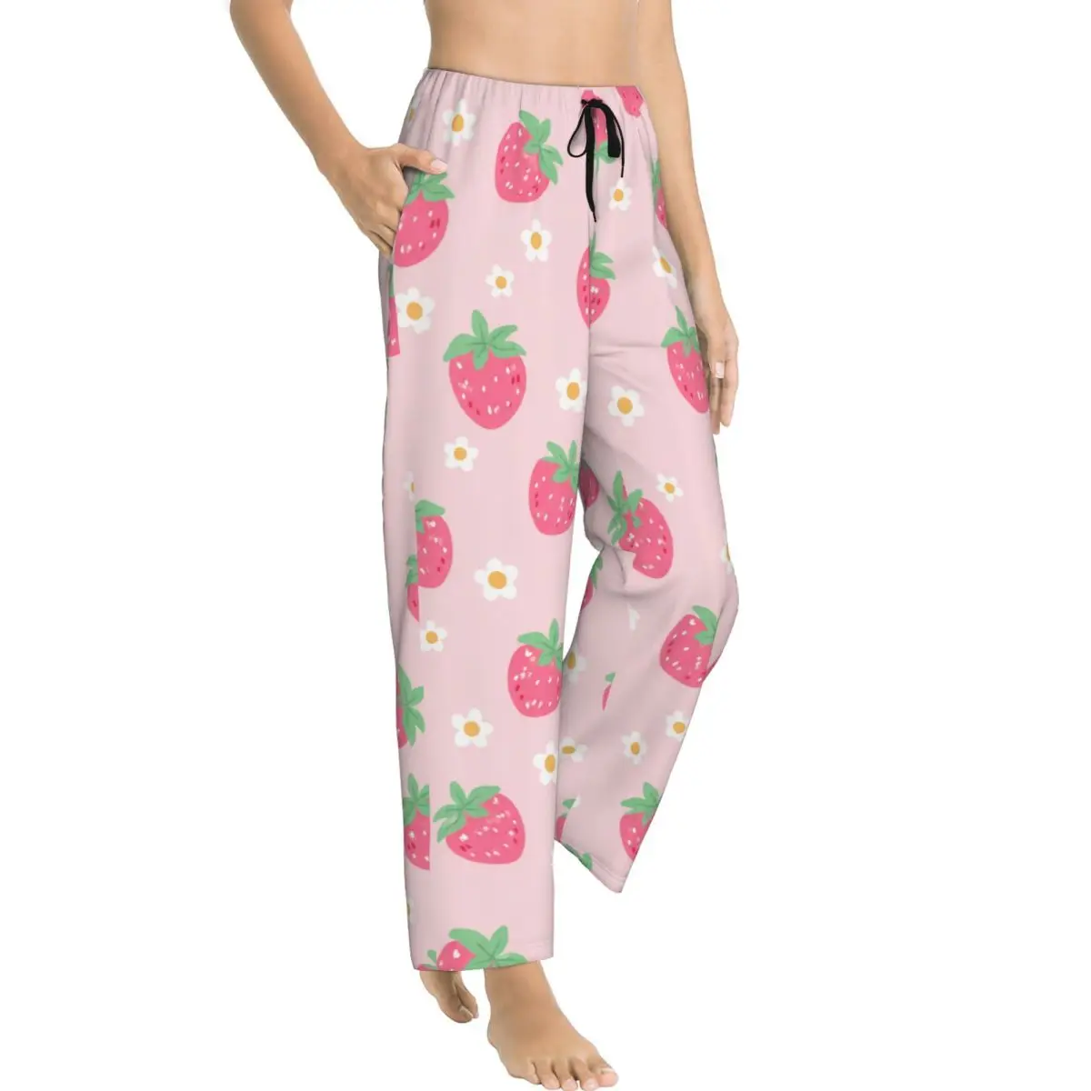 Strawberry Daisy Floral Summer Cute Pink Lady's Loungewear pants with Pockets Pajama Pants Dorm Pj Bottoms