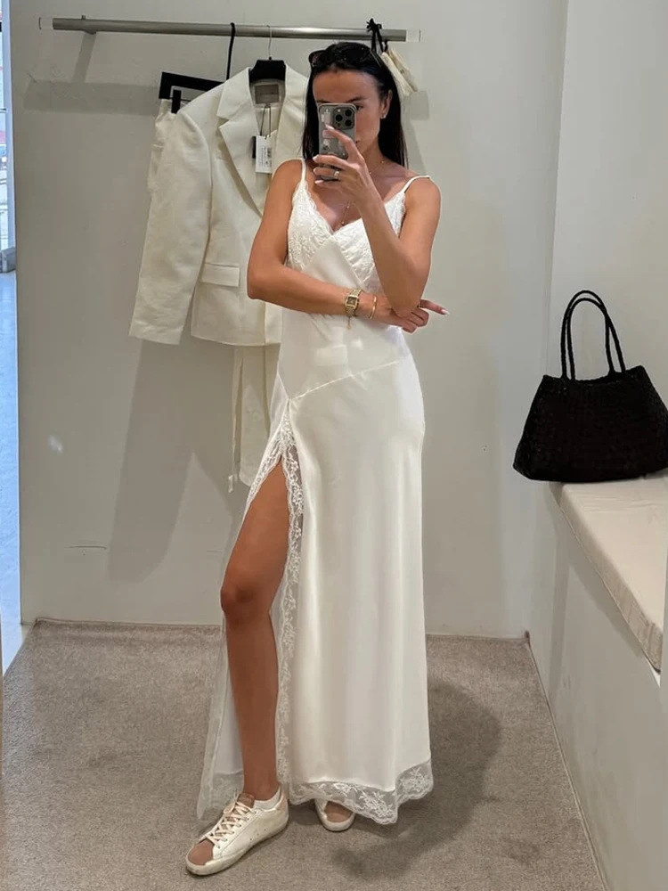 Lace Splice Slit Dress For Women Sleeveless Maxi Spaghetti Strap Sexy Dresses Satin Vacation Party Bodyocn Dress Vestidos